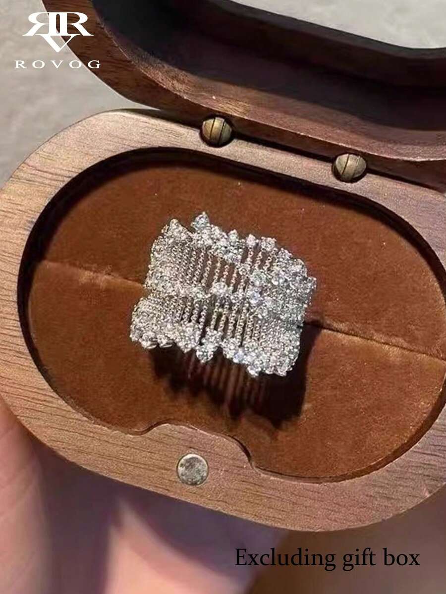 1 chiếc nhẫn đồng đơn cao cấp thiết kế lưới rỗng, bản rộng, khảm đá zirconia tổng hợp siêu sáng bóng, thanh lịch, chắc chắn, nhẹ, có thể điều chỉnh kích thước, dành cho nữ.