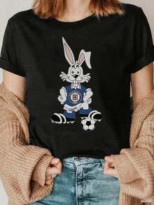 1pieza Blusas de mujer hermosas Blusas para mujeres Conjuntos de ropa para mujeres Conejo azul cruz 180G Blanco y negro patrón de fútbol impreso Cuello redondo básico holgado transpirable versátil lavable en máquina cómodo Talla S ~ 3XL Diario casual deportivo esencial verano - Oscuro - Ver 2