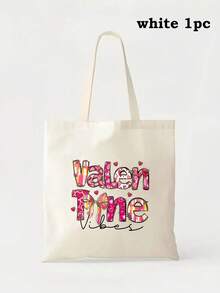 1/2个可爱爱心帆布手提袋，单面印花，可重复使用购物袋，大容量，帆布材质，爱心礼物，情人节礼物，浪漫情人节礼物，休闲风格 - 彩色 - 查看 22