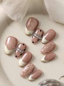 10pcs Acrylic Press On Nails Almond Nails French Style Brown Nails Cat's Eye Diamond Grid White Nails Press On Nail Supplies Press On Nails Short Acrylic Nail Kit Nail Art Office DailyWear False Nails Artificial Nails Kit Includes 1sheet Adhesive Tabs &1 Pc Mini File - Multicolor - View 1