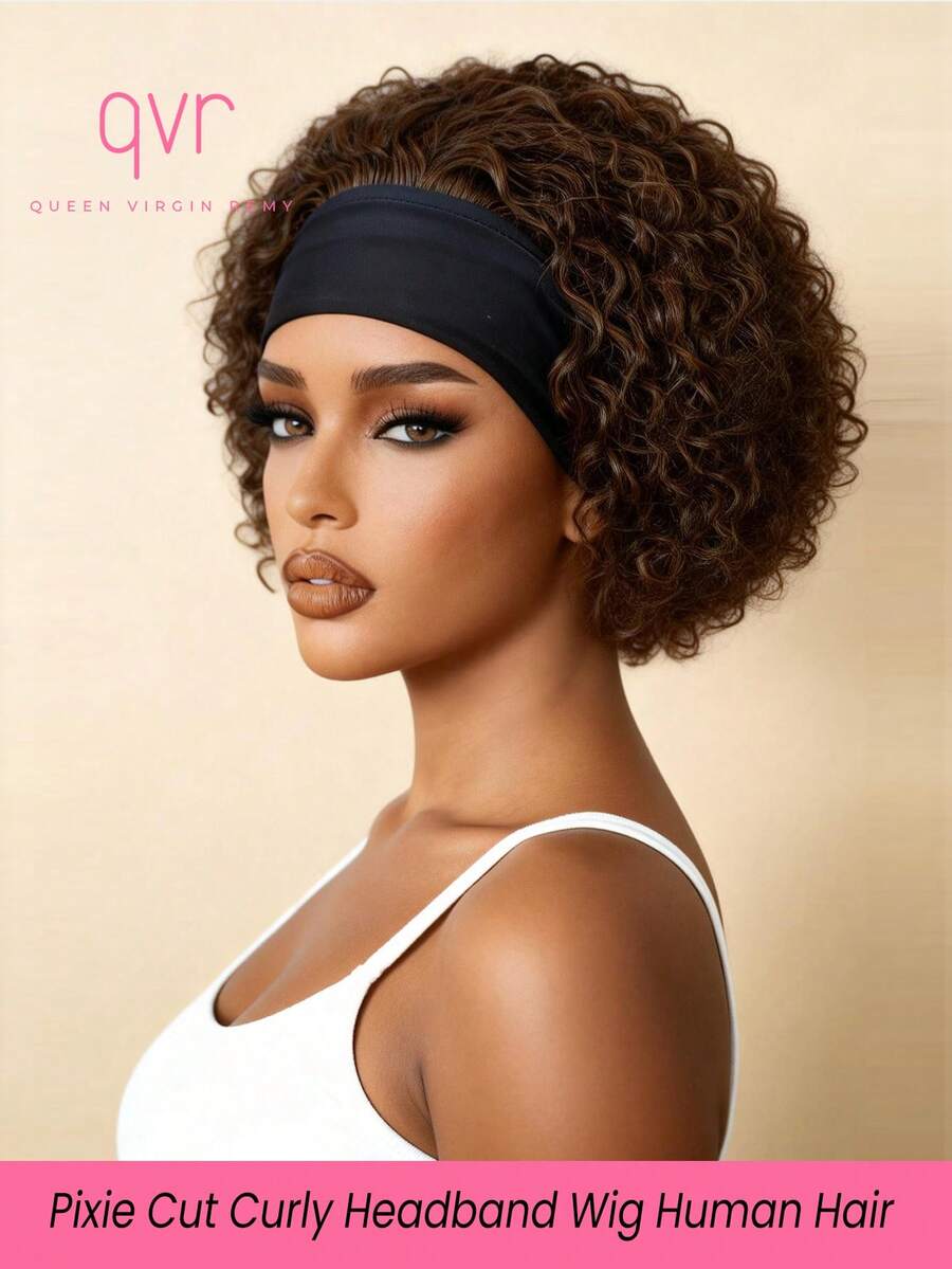 QVR QUEEN VIRGIN REMY 130% Density Brown Short Curly Wig, Elf Short Curly Wig With Headband, Plug And Play, No Glue Needed, Short Water Wave Deep Curly Wig With Extra Pull Cord, Lace-Free Machine Weft Human Hair Wig, Soft Brazilian Virgin Remy Hair, Suitable For Beginners Daily Wear, Affordable Price - S4 - View 1