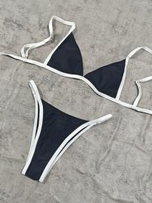 Ensemble de bikini noir pour femmes - Fines bretelles élastiques avec bordure blanche, maillot de bain d'été minimaliste élégant et décontracté pour la plage et les fêtes