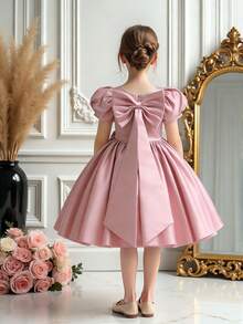 Đầm dạ hội bằng vải satin màu trơn, tay phồng, có nơ, thanh lịch dành cho bé gái, thích hợp cho sinh nhật, bé gái dự tiệc cưới, tiệc tối. Không bao gồm băng đô và túi đựng. - Bụi hồng - Xem 1