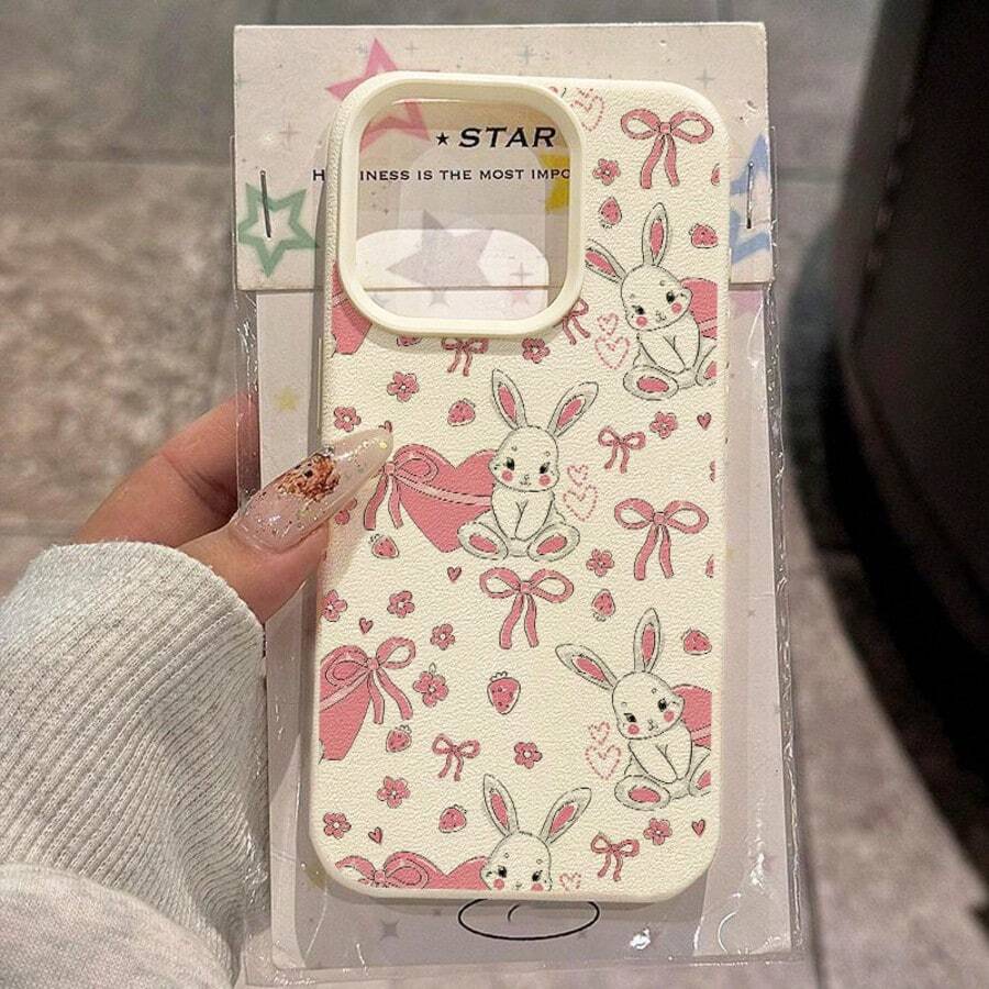 1pc TPU Material Cute Rabbit & Floral Pattern Phone Case, Compatible With IPhone 17 Pro Max/17/16 Pro Max/15/13/12/11, S20 FE/A15/S24/A55, Redmi Note 11/12/13 Pro, Full Coverage Shockproof Soft Protective Cover - White - View 1