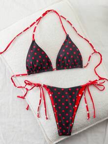 Floral Print Spaghetti Strap Backless Bikini Set, Sexy European Style Vacation Beach Summer - Red - View 2