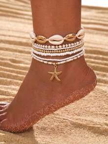 7pcs Bohemian Style Beachy Sea Star, Shell And Rice Bead Elastic Anklet Set, Summer - Multicolor - View 1
