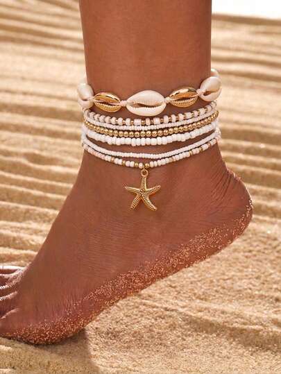 7pcs Bohemian Style Beachy Sea Star, Shell And Rice Bead Elastic Anklet Set, Summer