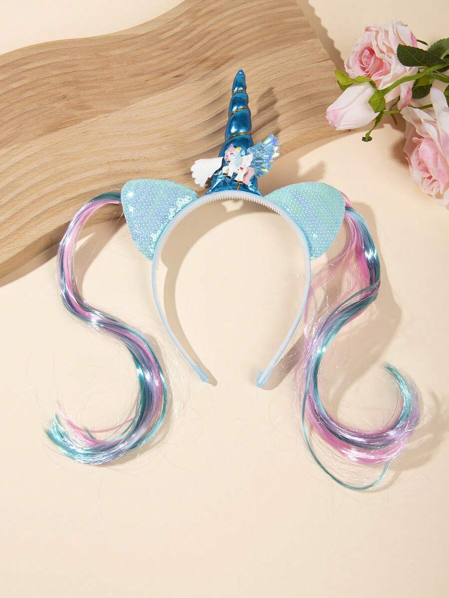 1pc Girls Unicorn Headband With Gradient Sequin Hair, Wing Decor Headpiece, Cute Headband For Party & Holiday - Multicolor - View 1