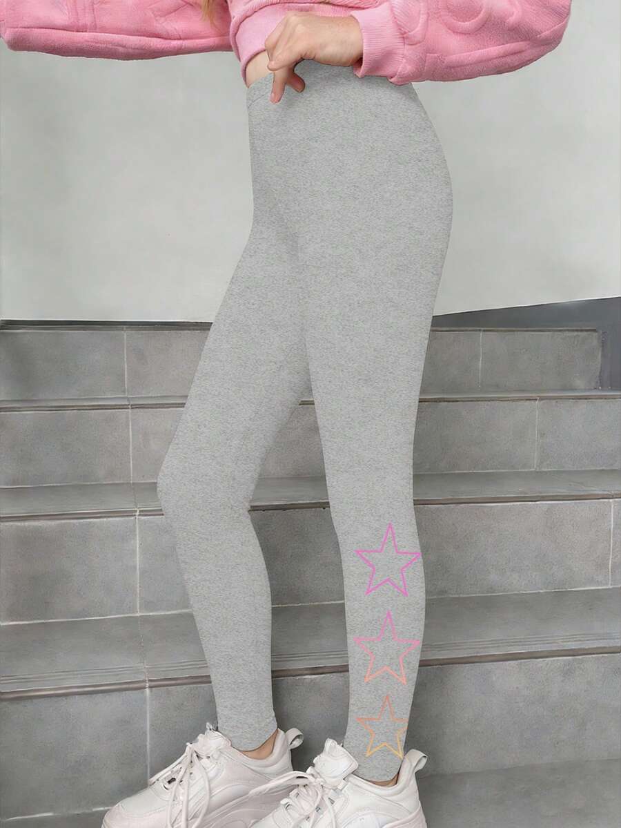 女童渐变星形印花紧身裤,贴身瑜伽裤,时尚七分裤,幼儿及女童春秋新款下装 - 淺灰色 - 查看 1