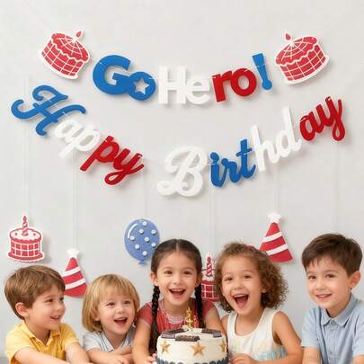 儿童男孩蓝、白、红、黄超级英雄系列生日派对装饰拉旗背景墙横幅