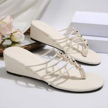 Boho Dressy Cute Clip Toe Sandal Wedge Sandals Women's Gold Strappy Sandals Round Toe Wedding Slides Shoes For Summer Beach - 白色 - 查看 2