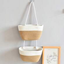 1 Peça Cesta de Armazenamento Suspensa Trançada de Camada Dupla, Organizador Decorativo Destacável, Adequado para Sala de Estar, Banheiro e Quarto, Cesta de Armazenamento Montada na Porta com Vários Compartimentos - Visão 10