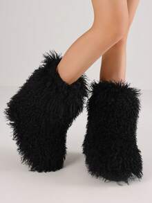 Winter Knee High Boots For Women Pull-On Faux Fur Boots Furry Fluffy Round Toe Fashion Boots Suede Comfy Plush Warm Knee High Boots Outdoor Indoor Flat Shoes Party Dressy Women Winter Boots - 黑色-D - 查看 6
