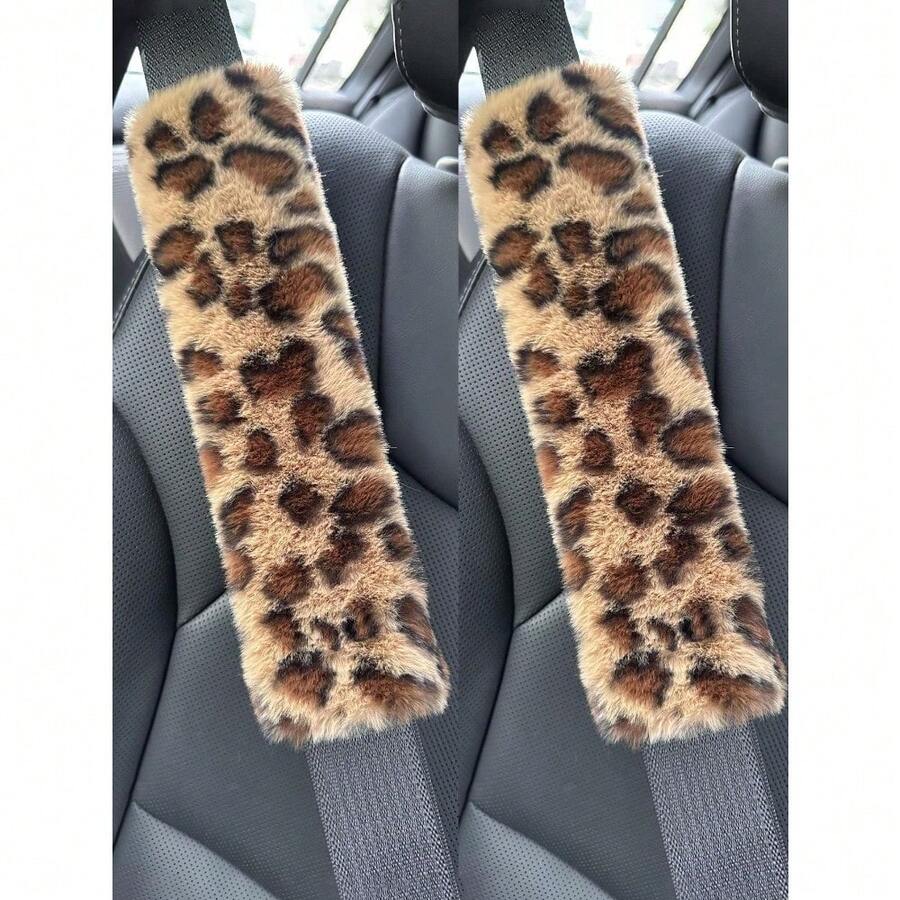 2pcs Automotive Interior Plush Seat Belt Shoulder Protection Cover Comfortable Anti Neck Anti Friction Shoulder Protection Leopard Pattern Decorative Automotive Shoulder Protection Cover - Hồng - Xem 1