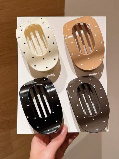 4个女士时尚弧形扁平波点发夹，扁平枕骨发髻夹，不伤头发，优雅马尾发夹，适合休闲、派对、工作场合，送给女朋友的绝佳礼物