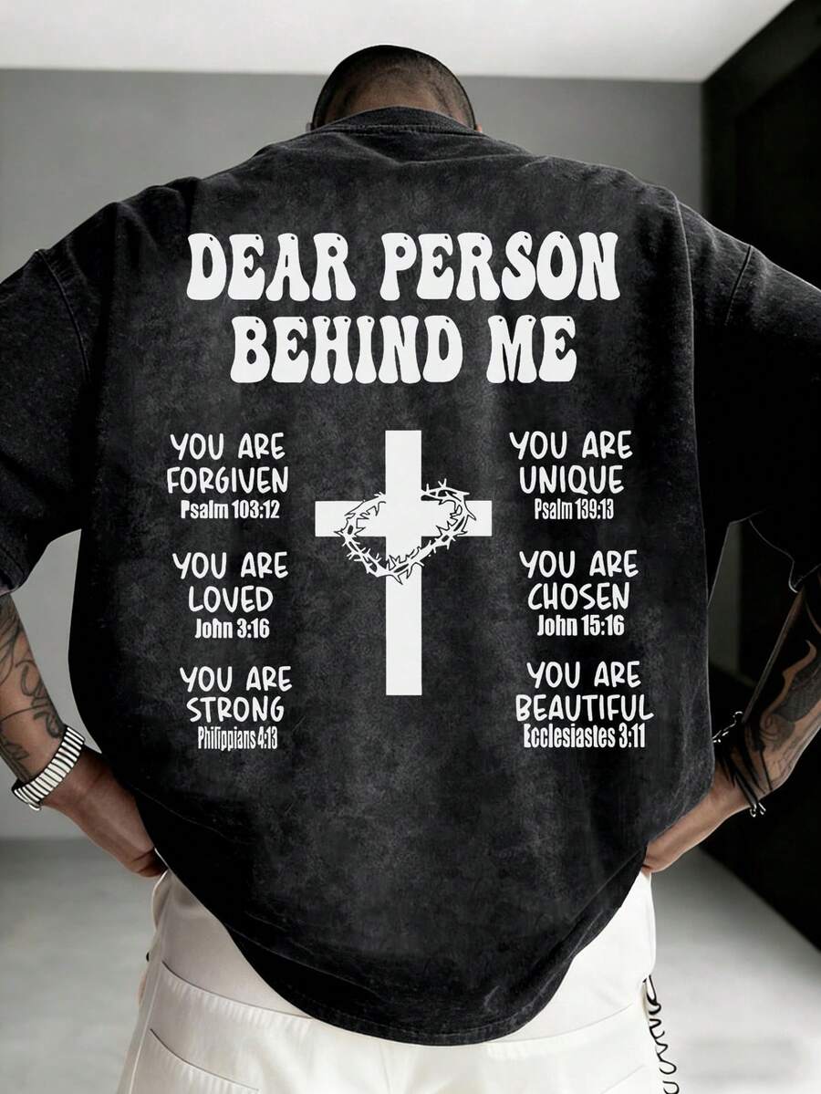 Camiseta de manga corta casual y versátil de K-GLORY para hombres con eslogan en inglés y estampado de cruz - Negro - Ver 1