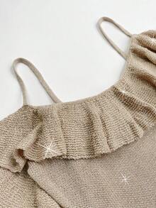 女士荷叶边性感透视休闲沙滩亮片罩衫连衣裙 - 卡其色 - 查看 9