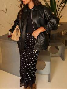 女士波点拼接撞色优雅派对梭织镂空蕾丝边半身裙，适合度假、海滩、秋冬季穿着 - 黑色 - 查看 3