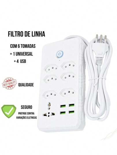 Extensão Elétrica Régua Bivolt Filtro De Linha Com 7 Tomadas 1 Universal, 4 USB, Bivolt, 10A, 110V/220V