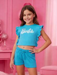 Set Barbie Niña Top con Olanes y Short Rib con Jareta - Azul - Ver 5