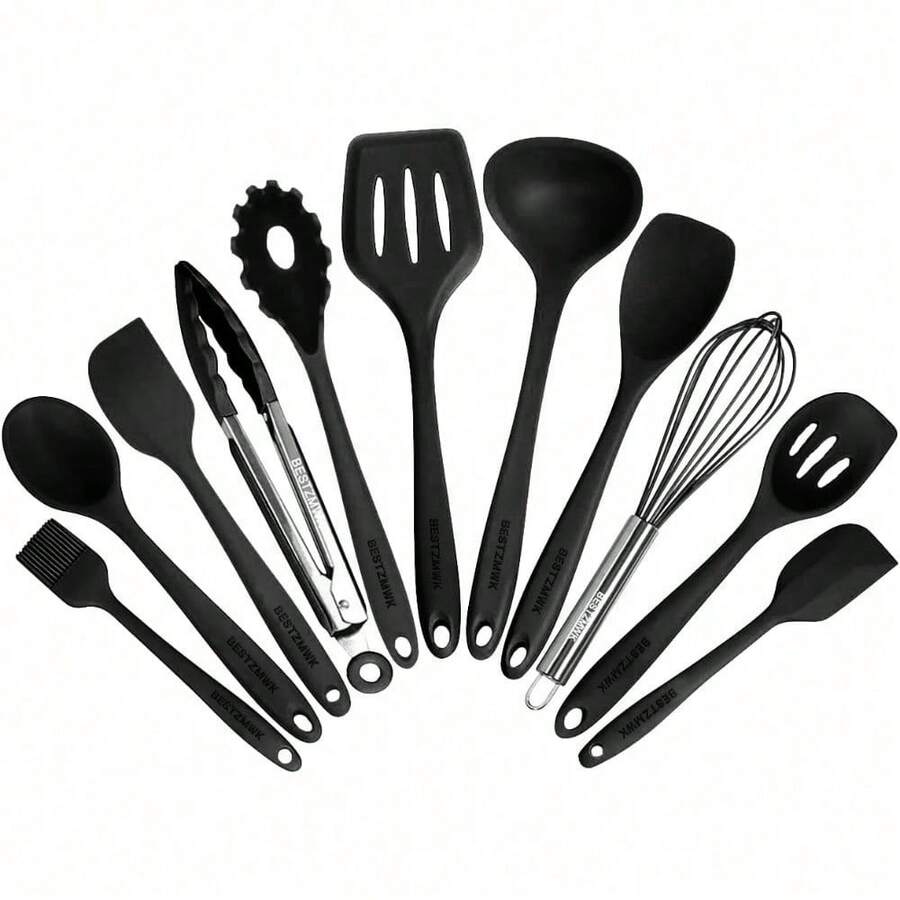 Kitchen Utensil Set - 11 Cooking Utensils - Colorful Silicone Kitchen Utensils - Nonstick Cookware With Spatula Set - Colored Best Kitchen Tools Kitchen Gadgets (Khaki) - Black - View 1
