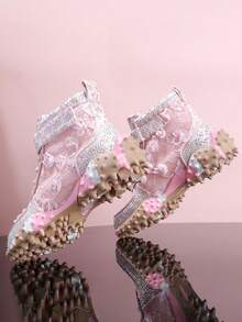 Giày thể thao đế dày dành cho nữ, giày thể thao thường ngày, giày đi bộ hàng ngày, đính đá và họa tiết hoa, thích hợp cho các hoạt động thể thao ngoài trời và các bữa tiệc (Kích thước nhỏ hơn so với bình thường, nên đặt mua lớn hơn một cỡ) - Hồng - Xem 5