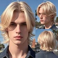 男士假发，适合室内外日常佩戴，中分发型，黑色，耐热透气