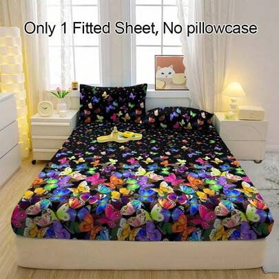 1pc Breathable Butterfly Pattern Fitted Fitted Sheet, Soft & Comfortable Mattress Cover For Bedroom, Guest Room And Dormitory, Mattress Protector, Bedding (Pillow Case Not Included)