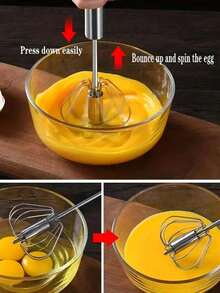 1pc Semi-Automatic Egg Beater, Stainless Steel Manual Press Egg Mixer, Egg Whisk, Egg Blender, Kitchen Tool, Kitchen Accessory, Household Kitchen Supplies - Multicolor - View 2