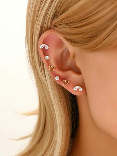 6件套心形耳环，优雅闪亮爱心情人节元素精致耳环套装（女士款）