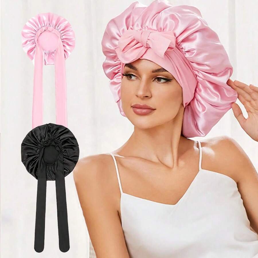 Satin Bonnet Silk Like For Sleeping Double Layer Sleep Cap Haircare Bonnet With Elastic Tie Band For Curly Hair Pink Night Cap Silky Heatless - 1pcs粉紅色 - 查看 1