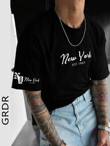 GRDR 1pc Men's Summer Lightweight Cotton New York 1907 Numeric Print Loose Casual T-Shirt - Black - View 7
