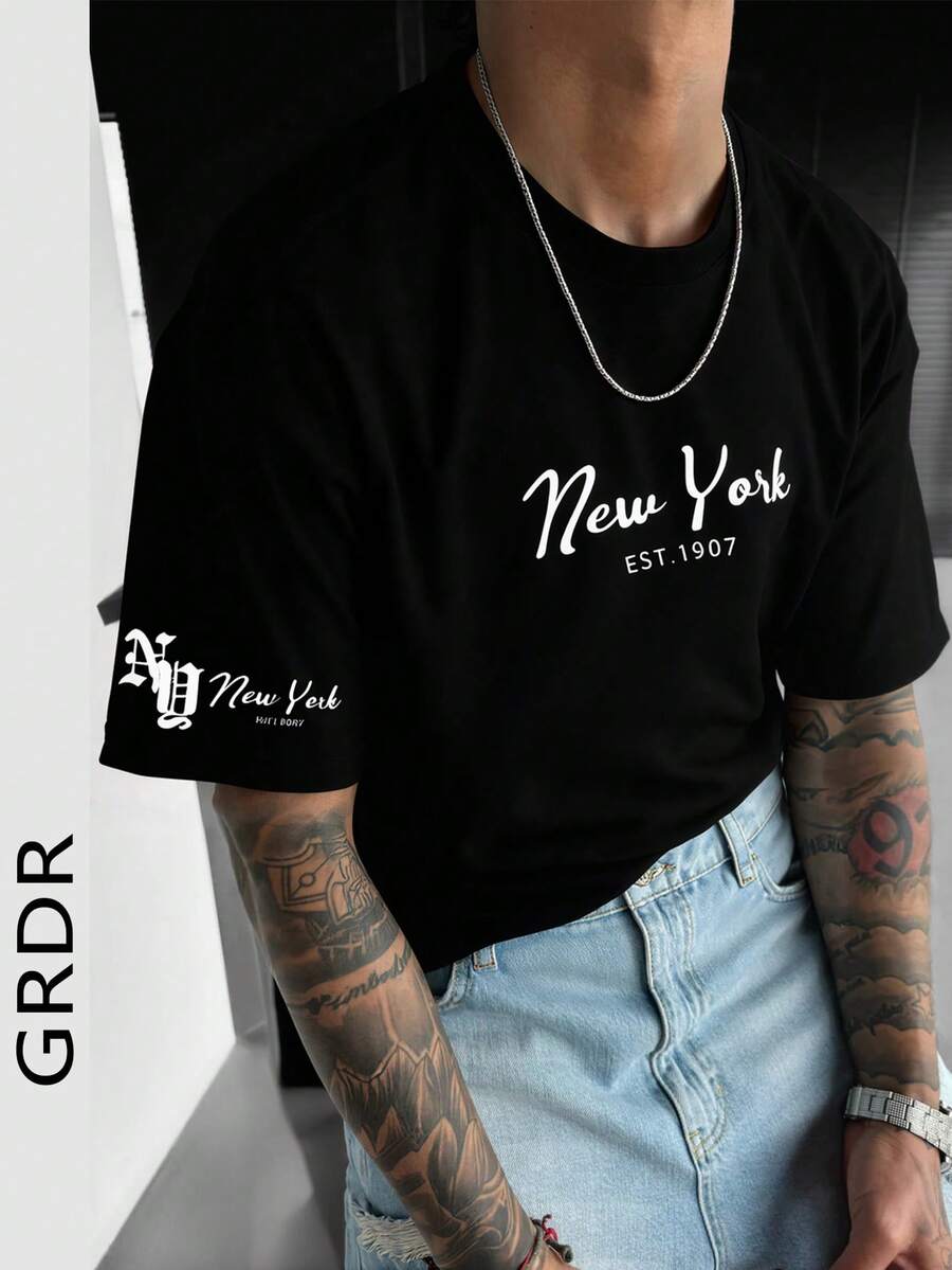 GRDR 1pc Men's Summer Lightweight Cotton New York 1907 Numeric Print Loose Casual T-Shirt - Black - View 1