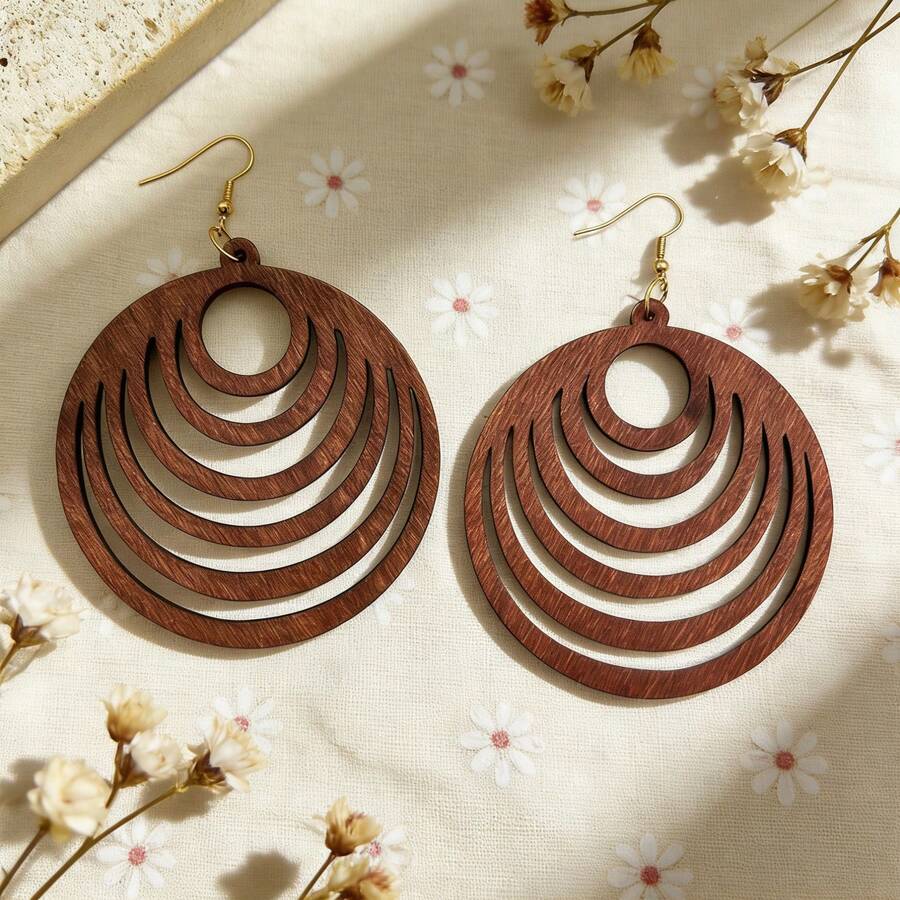 1 Pair Wireless Geometric Circle Wooden Pendant Earrings, Exaggerated Large Hoop Earrings