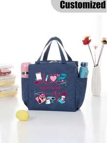 1pc Customized Name Nurse Tote Bag, Personalized Nurse Theme Lunch Bag, Custom Name, Heartbeat & Stethoscope Print Design - Multicolor - View 14