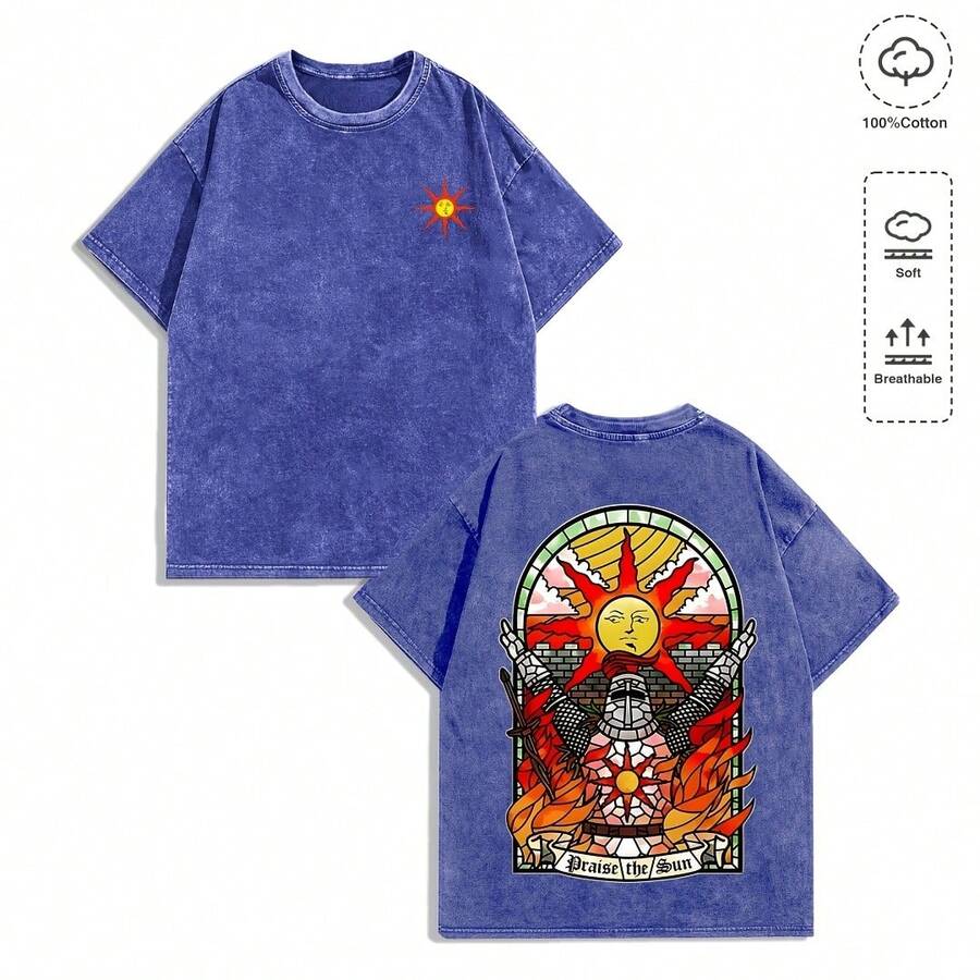EWH Men's Y2K Vintage Dark Souls "Praise The Sun" Graphic T-Shirt - 100% Cotton Super Soft & Breathable Gaming Streetwear Gift With Sun Knight Chest Logo 004-AB - 藍色 - 查看 1