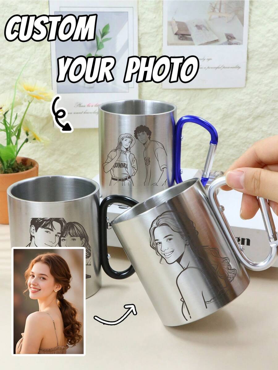 Custom Stainless Steel Travel Mug, Personalized Photo Cup For Daily Coffee Or Tea, A Thoughtful Valentine'S Day, Anniversary Gift, Customized Line Art Cartoon Picture Birthday Gift, Travel Essentials, Customizable, Unique Gift, Daily Necessities - Style B - View 1