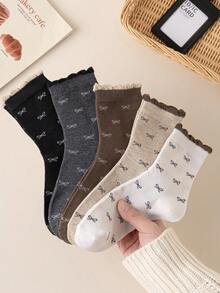 1/3/5/10 Pairs Of Women's Random Bow Solid Color Bubble Mouth Fashionable Mid Tube Socks, Soft, Comfortable, Breathable, Versatile, Cute And Casual In All Seasons, Suitable For Daily Outings And Gatherings - Multicolor - View 3