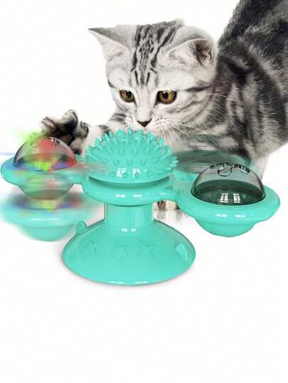 1 snurrande väderkvarn för katt, snurrande tandgnissling för att leka med spinnrocken, snurrande väderkvarn med sugkopp, retasleksak för katt, skrap- och klösanordning