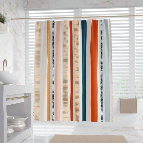 彩色线条图案防水浴帘，艺术风格浴室装饰，乔迁礼物