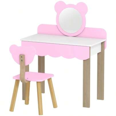 Children's Dressing Table Set With Stool, Makeup Mirror, Bear Shape, Drawer, MDF, Pink