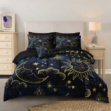 Queen Blue Galaxy Comforter Set Bed In A Bag - 8PC Gold Moon & Stars Bohemian Universe Bedding - 藍色1 - 查看 12