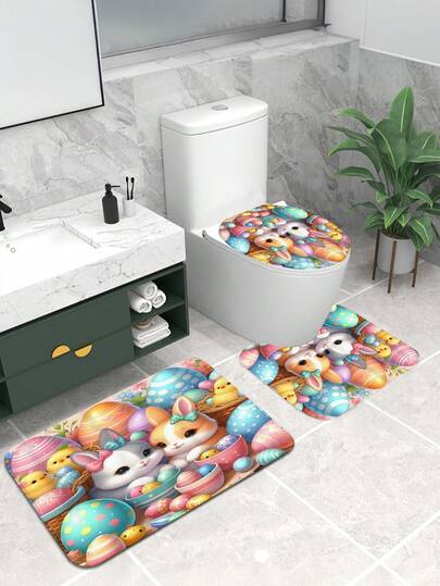 1pc/3pcs Spring Easter Colorful Eggs & Cartoon Rabbit Pattern Bathroom Mat, Machine Washable 1200g/㎡ Polyester Fiber Decorative Floor Mat, 10mm Thick, TPR Non-Slip Bottom, Soft & Absorbent, Foldable & Easy Care, Suitable For Bathroom, Shower, Toilet, Living Room, Entryway, Easter Home Decor, Multi-Scene Use, Easter Gift