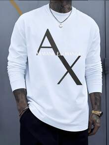 A And X Intertwined A Bold Graphic Representation Tee 1Pcs Long Sleeve 100 Percent Cotton Crew Neck Men Graphic Fall Tee Casual Vintage T Shirts Fashion Brand Digital Printed T Shirts Comfortable Daily Wear - 白色 - 查看 7