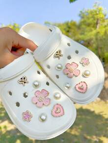 14件套什锦鞋夹（粉色珍珠花、花朵、蝴蝶结、爱心、ABS半圆珍珠），DIY装饰，适用于女士凉鞋、拖鞋、沙滩包。多功能鞋夹，是圣诞节、万圣节和生日派对的理想礼物。 - 粉色 - 查看 7