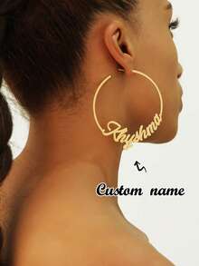 1pc Customized Personalized Name Plate Earrings | Customized Name Circle Earrings | Customized Jewelry Gift For Her | Gold Statement Large Customized Hoop Earrings