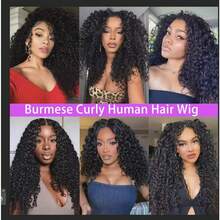 DV Part Wigs Human Hair Burmese Curly Gluel Wig Human Hair 200% Density Wet And Wavy Water Wave V Part Wig With Drawstring And Spiral End Beginner Friendly Blend Curly Natural Black - 捲髮V字形分縫假髮 - 查看 7