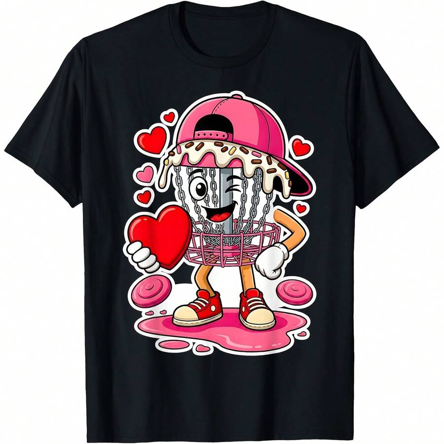 Cute Sweetheart Pink Disc Golf Player T-Shirt - Black - View 1