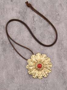 1件简约金色不对称花朵合金吊坠项链，搭配绿松石蜡绳项链，时尚礼物，适合送给女孩、女士、女友，情人节礼物 - 合金花 - 查看 3