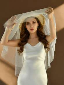 单层薄纱新娘头纱，素色裸色薄纱婚纱头纱，简约婚礼头饰（不含梳子） - 素紗米白色 - 查看 4